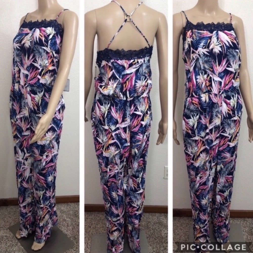 Laundry by Shelli Segal Midnight Navy Tropical Lace-Trim Jumpsuit - Picture 4 of 5